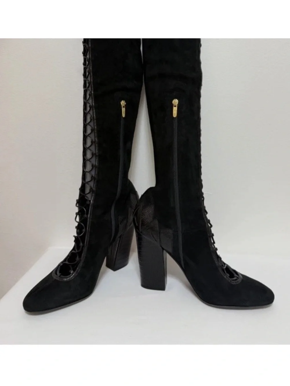 41 US 10 Italy Sergio Rossi Suede Leather Heel Over the Knee High Boots Lace Up